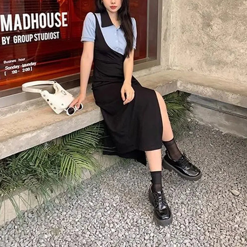 Fake Two Pieces Spliced Dresses Summer Korean Polo-Neck Button Women's Clothing Short Sleeve Waist Fashionable Split Long Dress