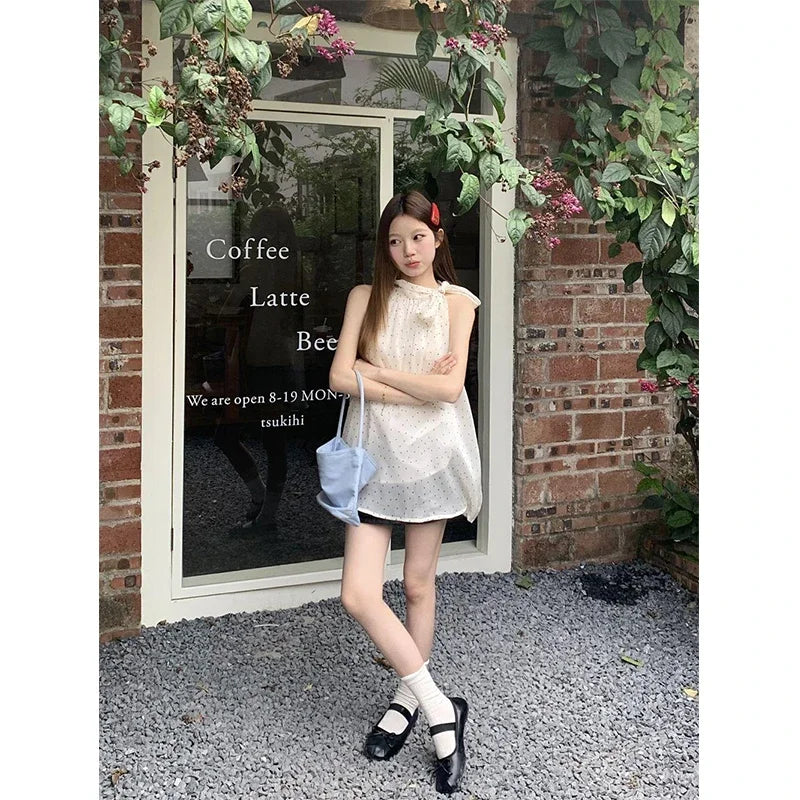 MEXZT Sweet Dot Shirts Women Elegant Bow Bandage Blouses Vintage Halter Print Tops Summer Korean Sleeveless Casual Clothes New