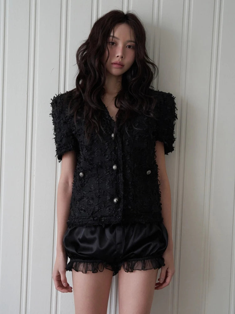 2025 New Women Vintage Tweed Jacket Short Sleeve White Black Retro Elegant Tassel Summer Outwear Chic Korean Fashion Coats Tops