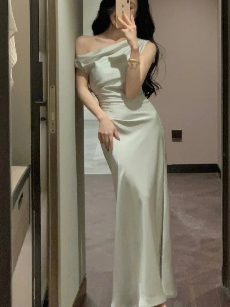 Women's Elegant Solid Evening Party Dresses Summer Fashion Korean Graduation Formal Dress Off Shoulder Slim Vestidos Clothing