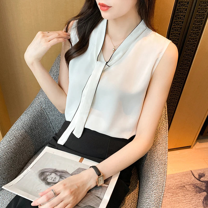 Summer Chiffon Sleeveless Tank Top Women's Bow Blouses 2025 New Strapless Casual Loose Korean Elegant Vest Shirts for Womens