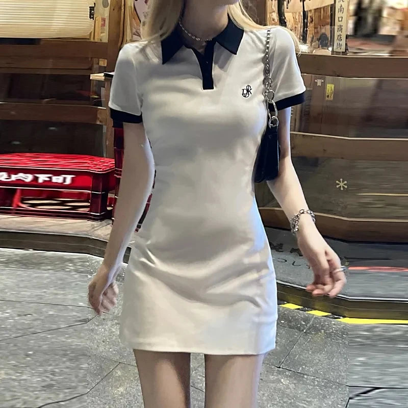 Polo Women's Dress Summer Y2K One Pieces Korea Student Short Sleeve Mini Skirt Slim Sheath Tight Female Dress Collar Shirt