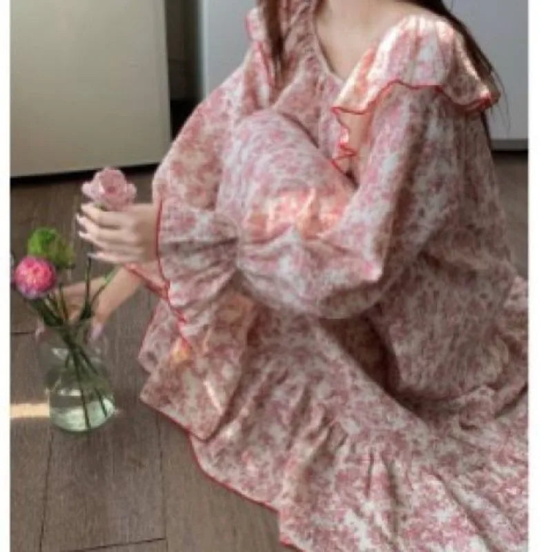 Floral Women Nightgown Autumn Sleepwear Long Sleeve Night Dress Korean One Piece Pajamas O-neck Ruffles Nightwear Sleeping Wear