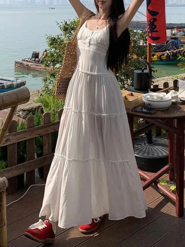 Korean Fashion Sweet Elegant Dress Suit Women Design Sense Blouses + Solid Long Dresses New Slim Beach Outing Two Piece Set 2025