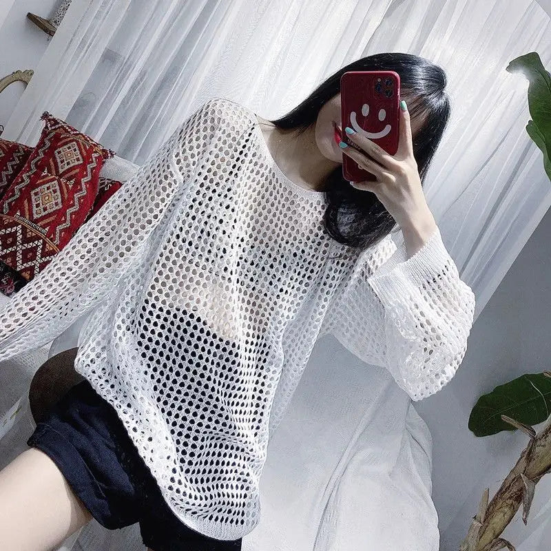 Fashion O-Neck Knitted Solid Color Hollow Out Blouses Female Clothing 2025 Spring Summer New Loose Korean Tops Casual Shirts