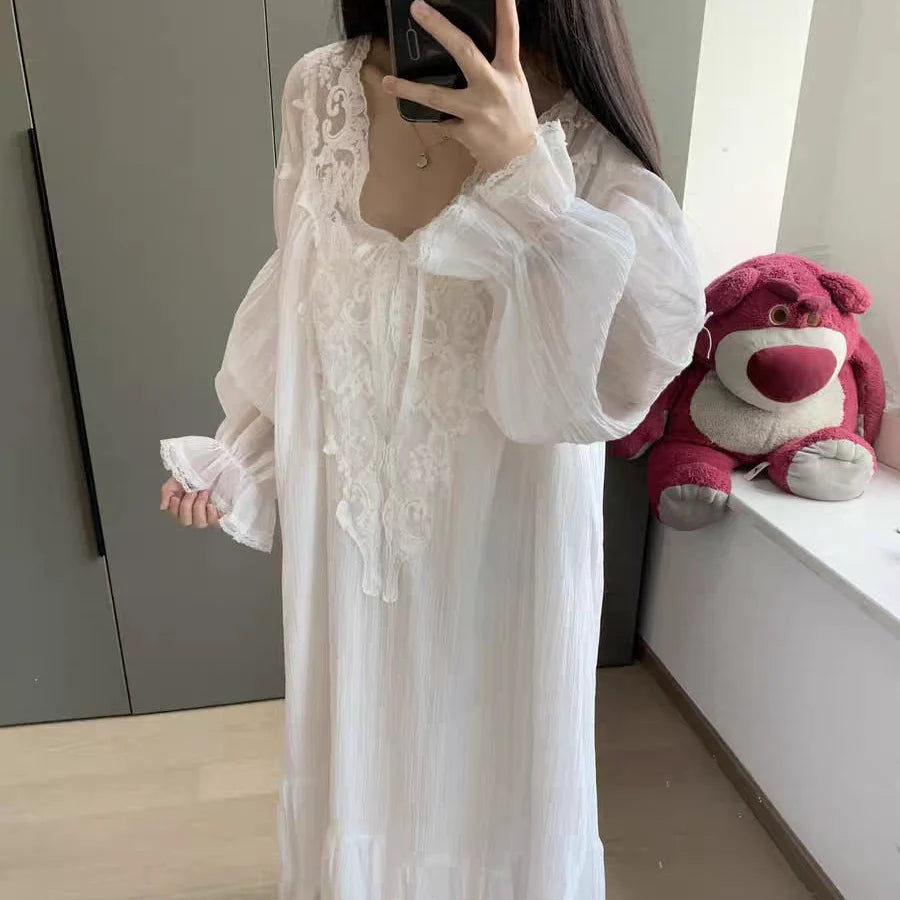 Lace Women Nightgown Long Sleeve Sleepwear Korean Night Dress Ruffles Nightwear Autumn One Piece Pajamas Sleeping Home Wear 2025