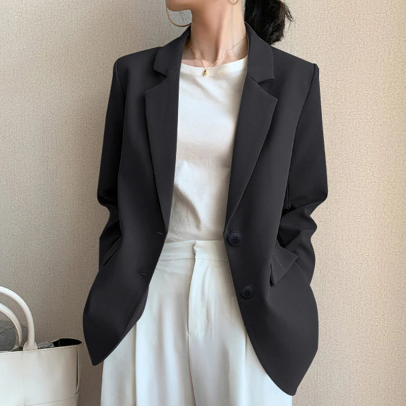 Khaki Suit Jacket for Women Autumn New Korean Loose Blazer Office Lady Tailored Collar Retro Chic Casual Solid Blazers Women
