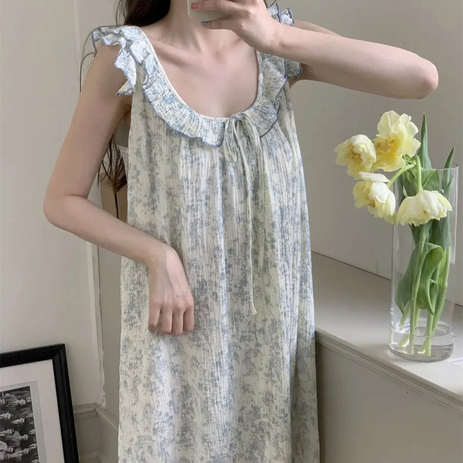 Floral Ruffles Women Nightgown Sleeveless Sleepwear O-neck Night Dress Korean Fashion Nightwear Summer One Piece Pajamas Dress