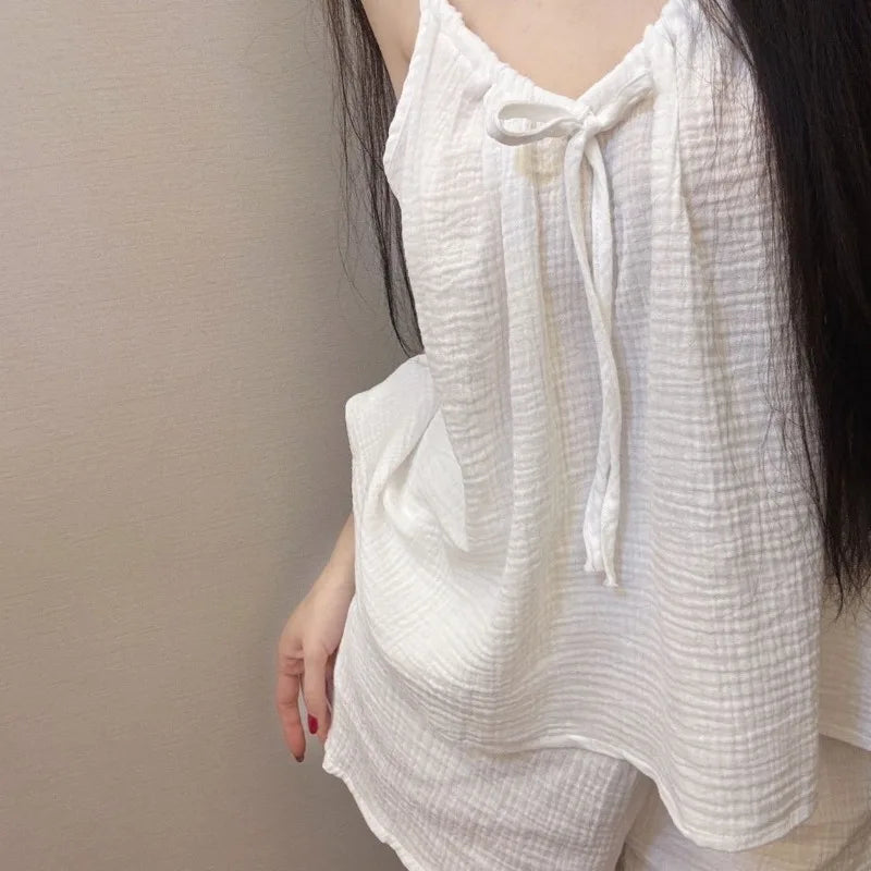 White Sleepwear Women Pajama Sets Solid Shorts Sets 2 Pieces
