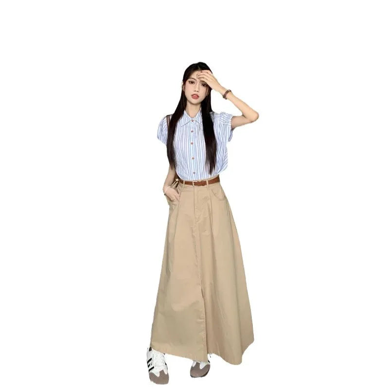 Korean fashion women's Polo collar striped shirt+loose high waisted split skirt two-piece set