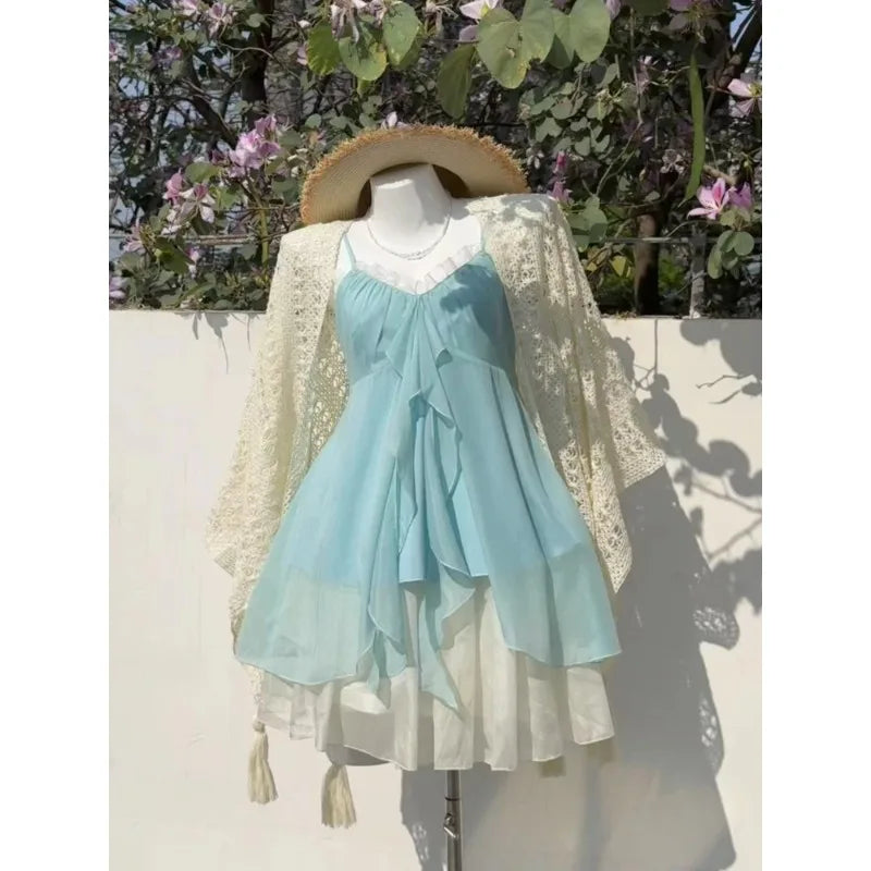 French Sweet Floral Lace Mini Dress Women Beach Style Evening Party Clothing Summer Slim Vintage One Piece Dress Korean Fashion