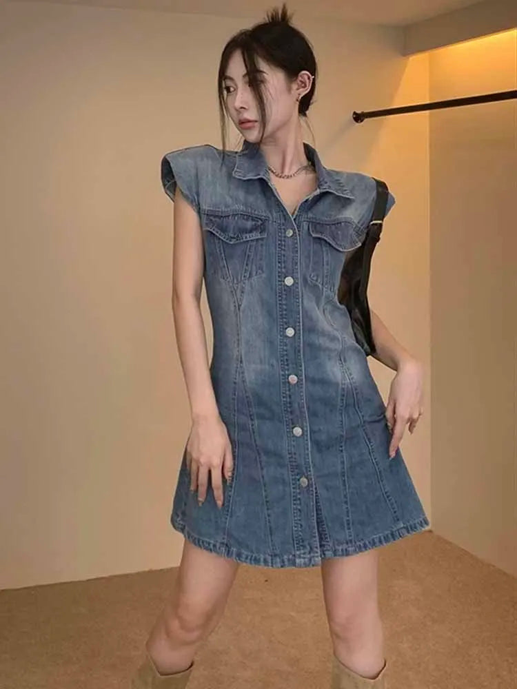 The Newest Fashion Wear Take Fashion Women Vintage Polo-neck Sleeveless Denim Blue Dress Party Cocktail Short Mini Dress