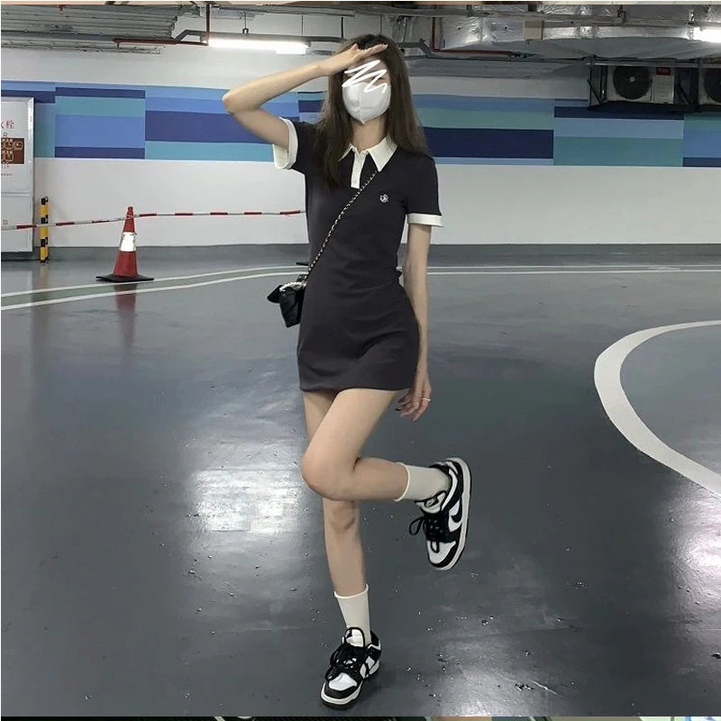 Polo Women's Dress Summer Y2K One Pieces Korea Student Short Sleeve Mini Skirt Slim Sheath Tight Female Dress Collar Shirt