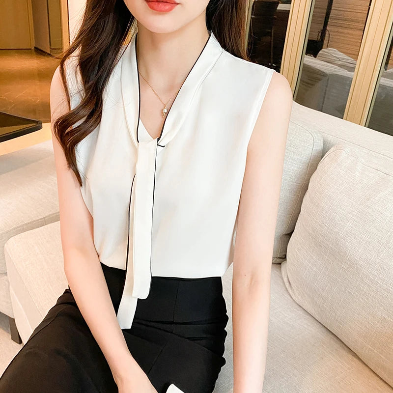 Summer Chiffon Sleeveless Tank Top Women's Bow Blouses 2025 New Strapless Casual Loose Korean Elegant Vest Shirts for Womens
