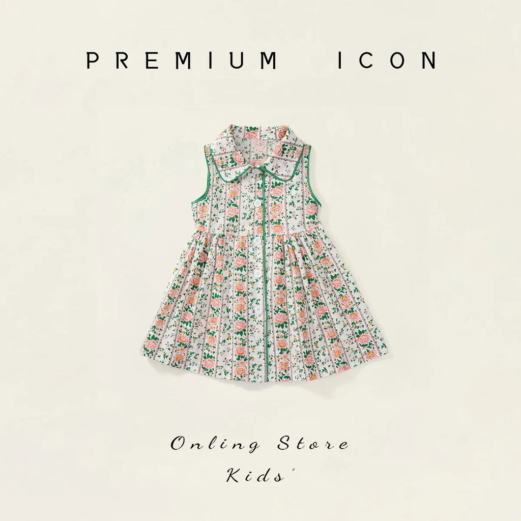Girls' Dress 2025 Summer New Item for Baby Girls Korean Version Sleeveless Doll Collar Floral Dress Wholesale