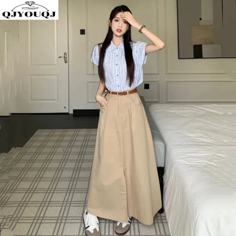 Korean fashion women's Polo collar striped shirt+loose high waisted split skirt two-piece set