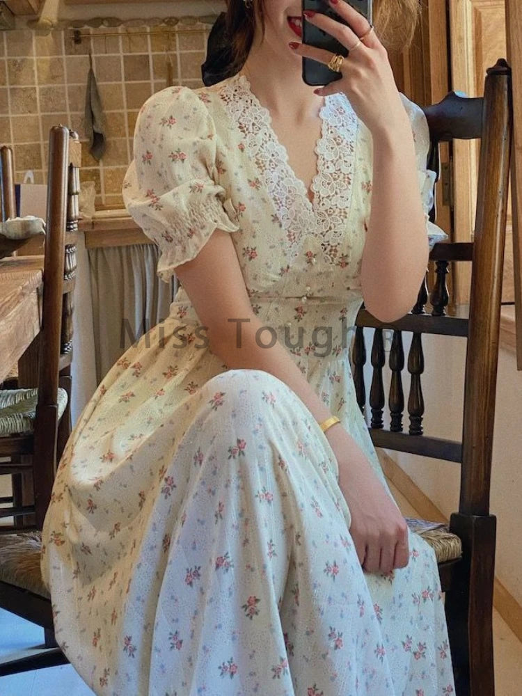 New Vintage Floral One Piece Dress Women Elegant Lace Korean Fashion Party Dress Female Cottagecore V-Neck Casual Midi Dresses
