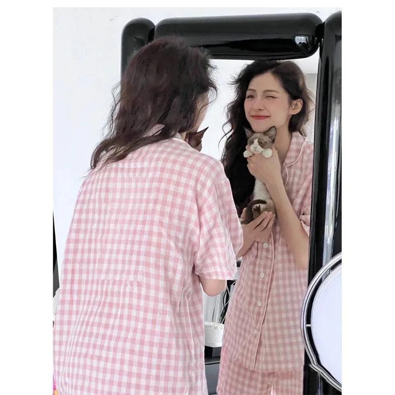 Sweet Sleepwear Women Pajama Sets Pink Plaid Shorts Sets 2 Pieces Korean Piiama Korean Night Wears Pocket Summer Home Suit 2025