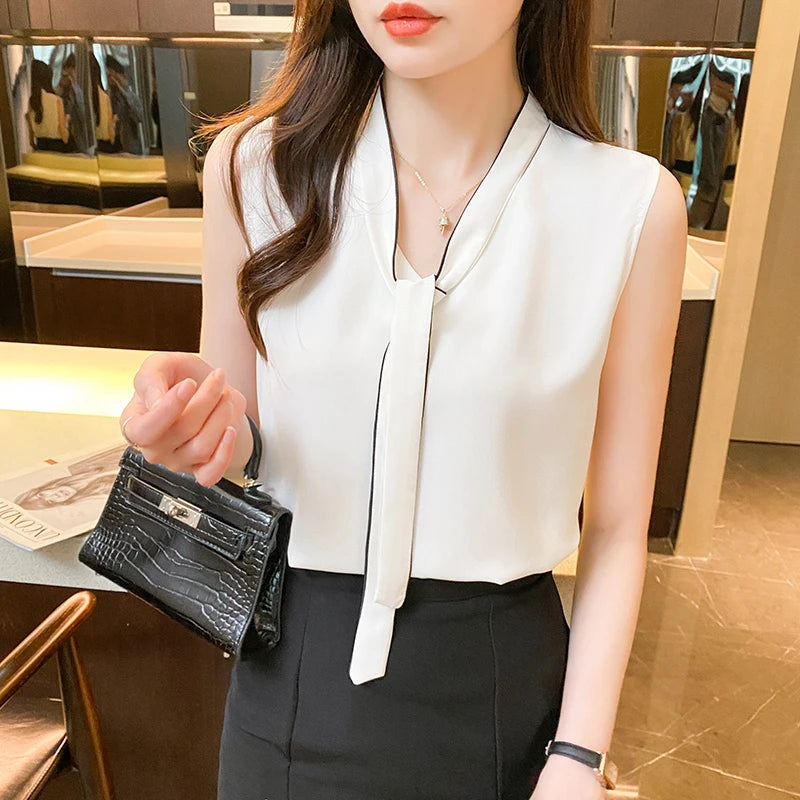 Summer Chiffon Sleeveless Tank Top Women's Bow Blouses 2025 New Strapless Casual Loose Korean Elegant Vest Shirts for Womens