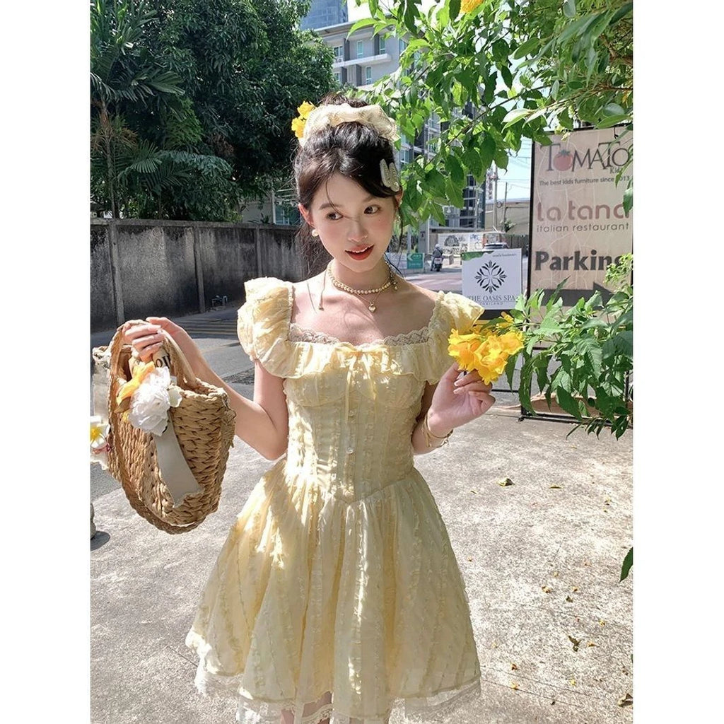 French Sweet Floral Lace Mini Dress Women Beach Style Evening Party Clothing Summer Slim Vintage One Piece Dress Korean Fashion