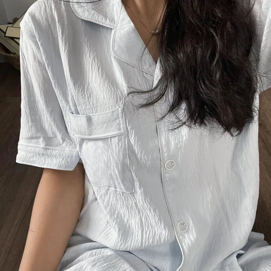 Pocket Sleepwear Women Pajama Sets Solid Korean Piiama Summer Shorts Sets 2 Pieces Short Sleeve Night Wears Casual Home Suit New