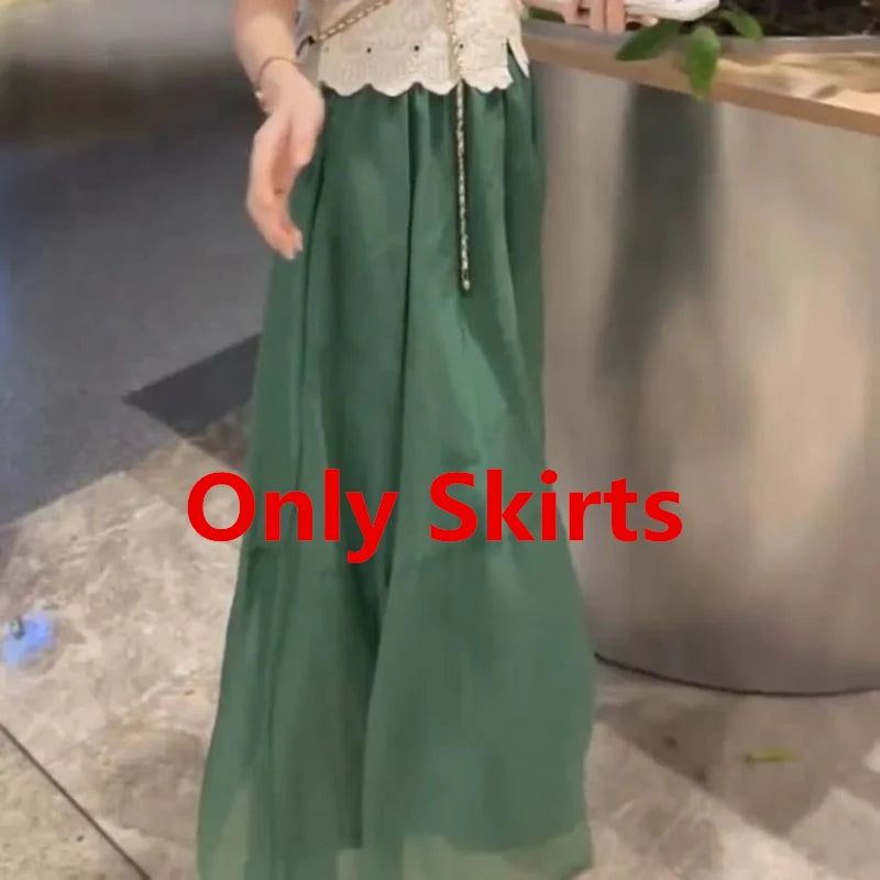 Women's Chic Summer Clothing Korean Graceful Lace Shirt+Mesh A-Line Midi Skirts Two Piece Set Lady Elegant Short Sleeve Top