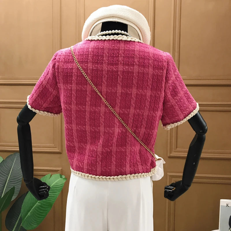 2025 Summer New Elegant Retro Short Korean Plaid Tweed Cardigan Women Fashion Short Sleeved Thin Short Jacket Female Elegant Top