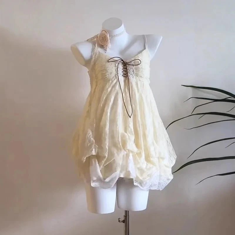 French Sweet Floral Lace Mini Dress Women Beach Style Evening Party Clothing Summer Slim Vintage One Piece Dress Korean Fashion