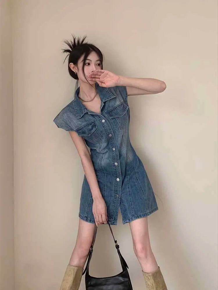 The Newest Fashion Wear Take Fashion Women Vintage Polo-neck Sleeveless Denim Blue Dress Party Cocktail Short Mini Dress