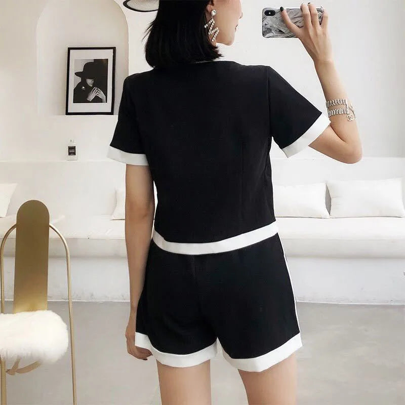 C01 Summer Thin Knitted 2 Pieces Sets Women O-neck Knitwears Short Sleeve Tops Conjuntos Korean High Waist Baggy Shorts Pants Outfit