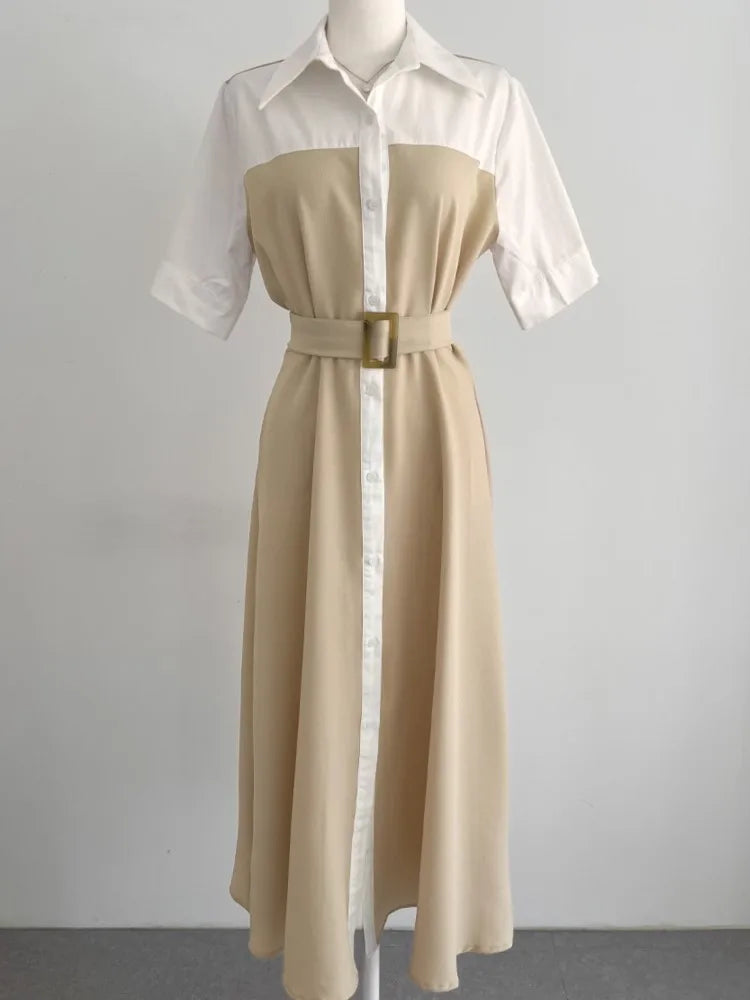 Summer Elegant Korean Long Dress Shirt Women Short Sleeve Patchwork Single Breasted Belt A Line Midi Vestidos Party Night