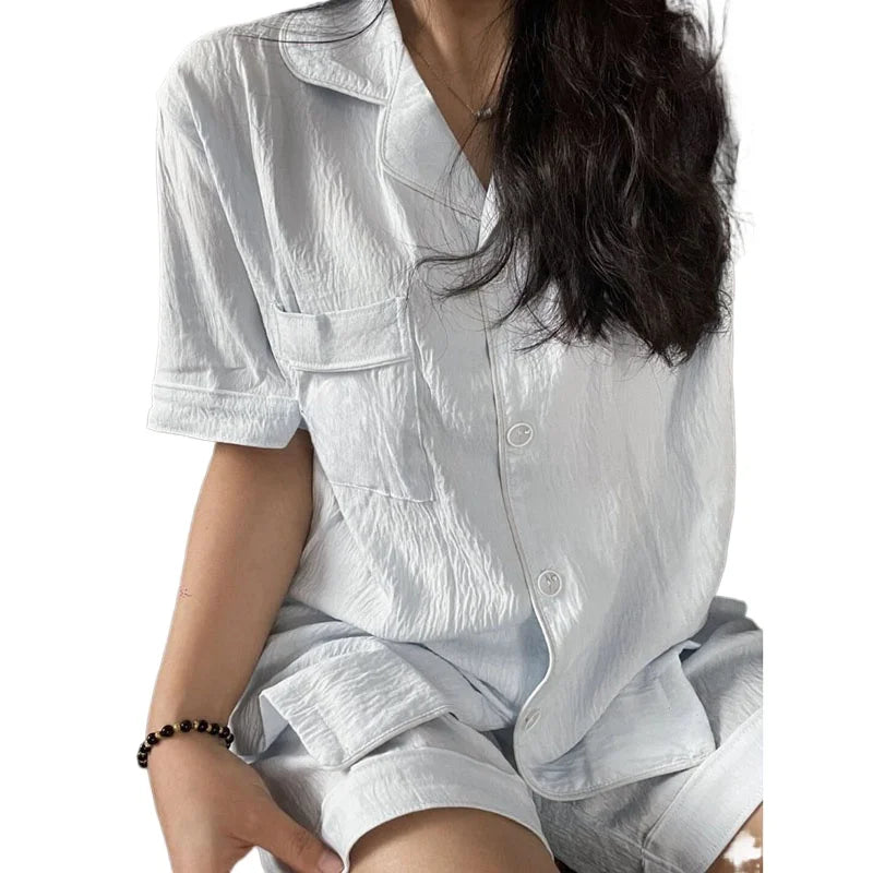 Pocket Sleepwear Women Pajama Sets Solid Korean Piiama Summer Shorts Sets 2 Pieces Short Sleeve Night Wears Casual Home Suit New