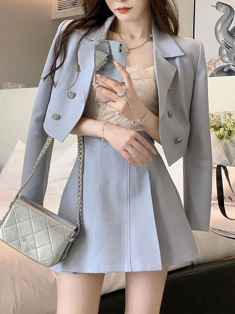 Women Spring Summer Short Blazers Mini Skirts Two Piece Set Korean Preppy Style Blue Suit Jacket A-Line Skirt Sets Outfits