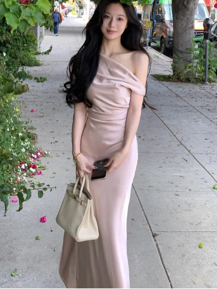 Women's Elegant Solid Evening Party Dresses Summer Fashion Korean Graduation Formal Dress Off Shoulder Slim Vestidos Clothing