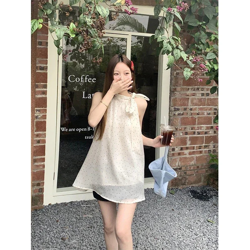 MEXZT Sweet Dot Shirts Women Elegant Bow Bandage Blouses Vintage Halter Print Tops Summer Korean Sleeveless Casual Clothes New