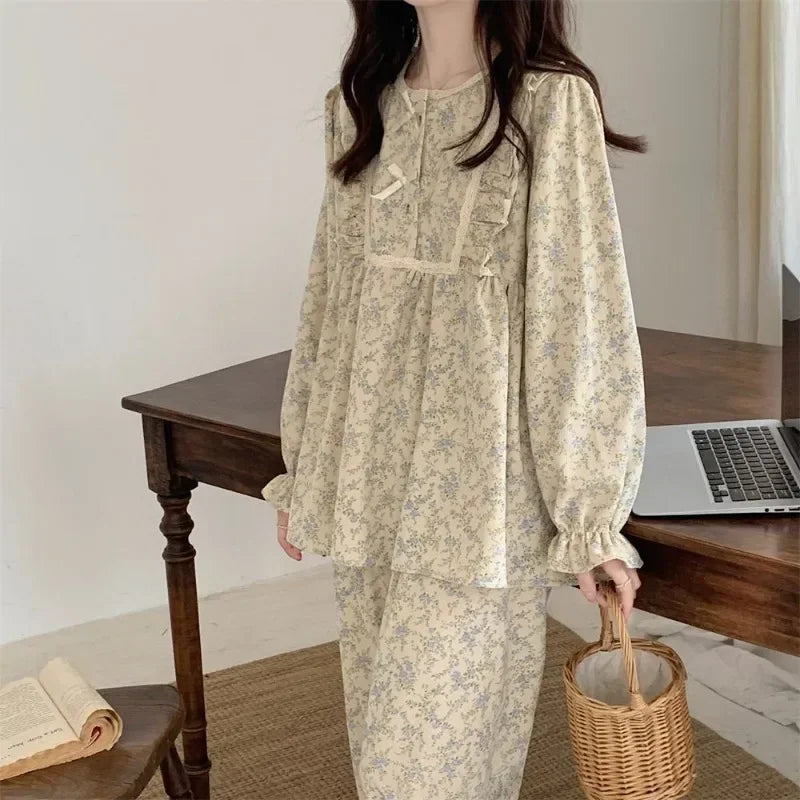 Lace Sleepwear Women Pajamas Set for Home Floral Vintage Long Sleeve Pants Suit 2 Pieces Spring Ruffle Korean O-neck Night Wears