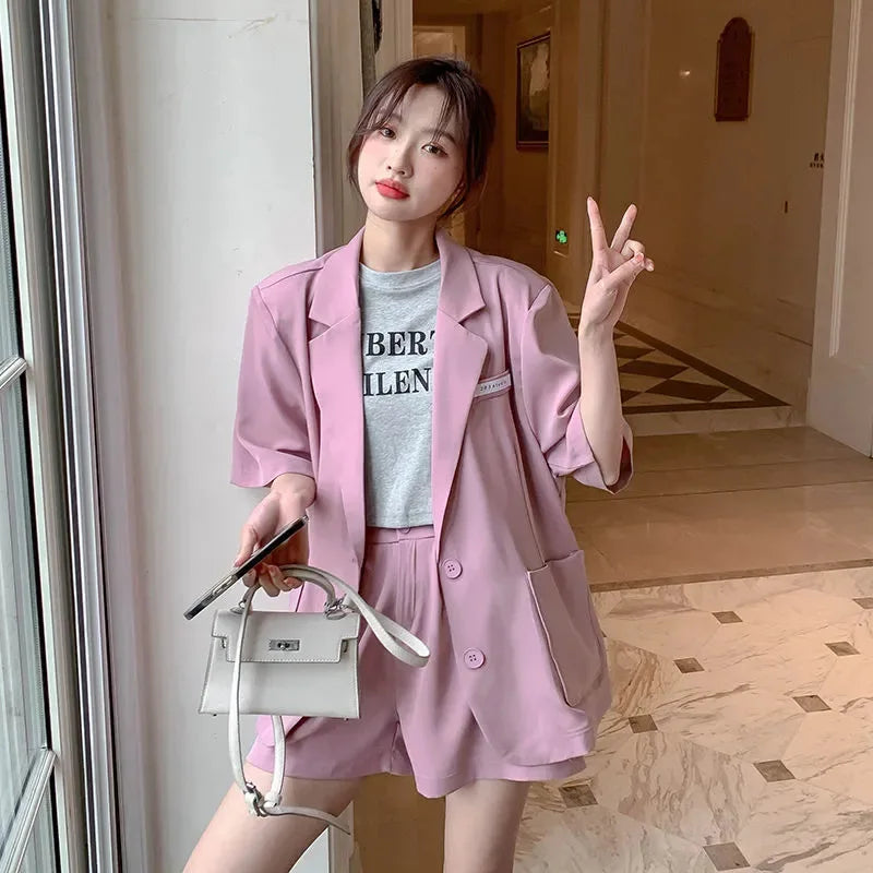 Fashionable thin women's suit; 2025 summer new Korean version of casual suit jacket and shorts two-piece set; formal attire