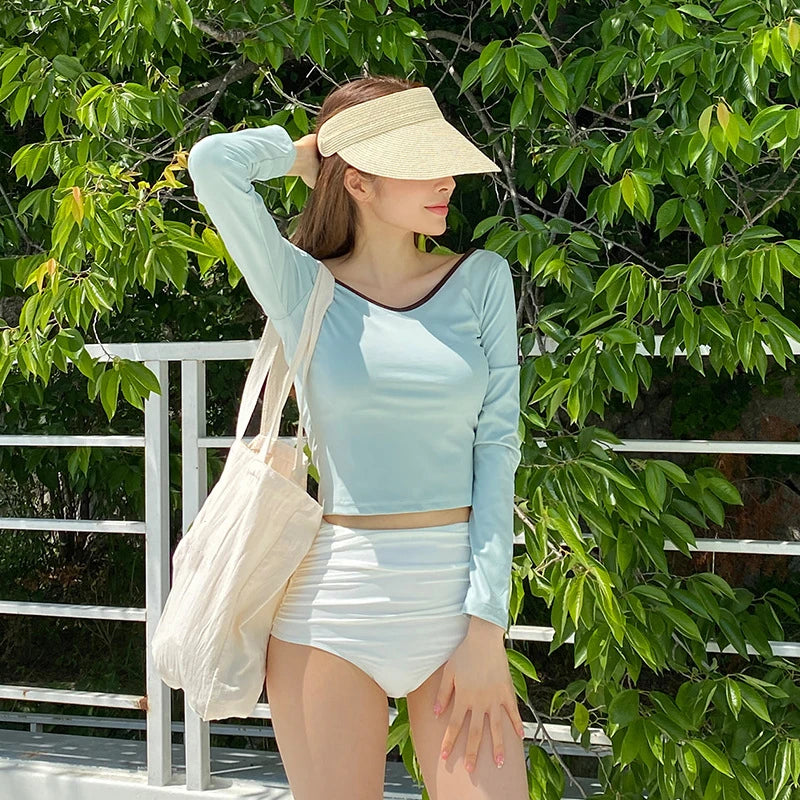 New Long Sleeve Sports Bikinis Two Pieces Swimsuit Women Swimwear Beach Bathing Suits Korean High Waisted Bikini Set Pool 2025