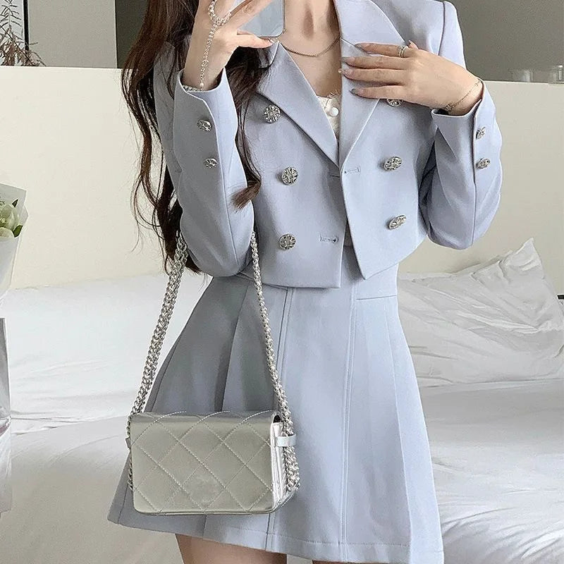 Women Spring Summer Short Blazers Mini Skirts Two Piece Set Korean Preppy Style Blue Suit Jacket A-Line Skirt Sets Outfits