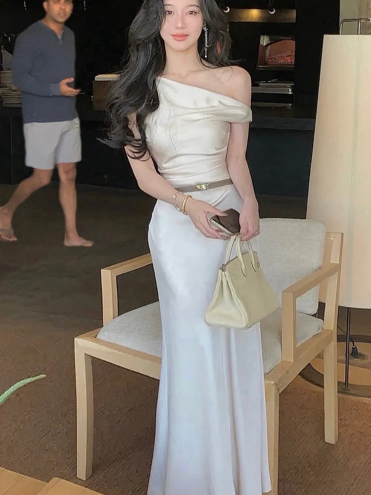 Women's Elegant Solid Evening Party Dresses Summer Fashion Korean Graduation Formal Dress Off Shoulder Slim Vestidos Clothing