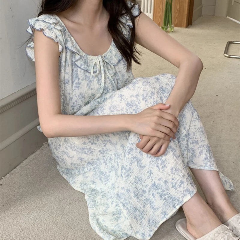 Floral Ruffles Women Nightgown Sleeveless Sleepwear O-neck Night Dress Korean Fashion Nightwear Summer One Piece Pajamas Dress