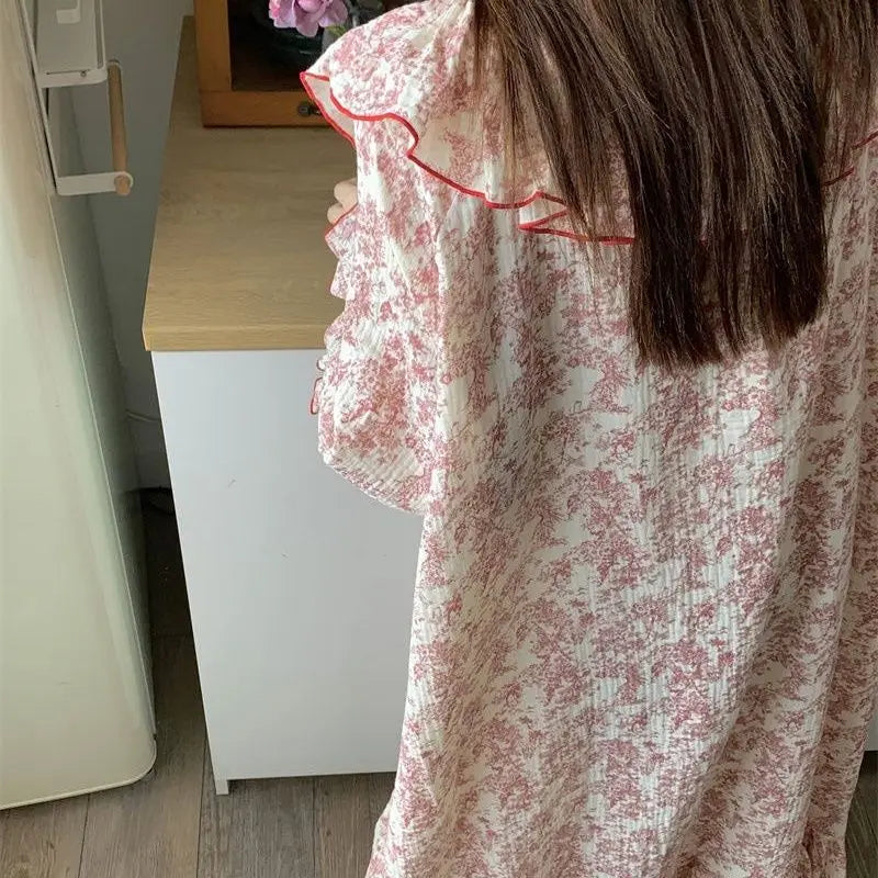 Floral Women Nightgown Autumn Sleepwear Long Sleeve Night Dress Korean One Piece Pajamas O-neck Ruffles Nightwear Sleeping Wear