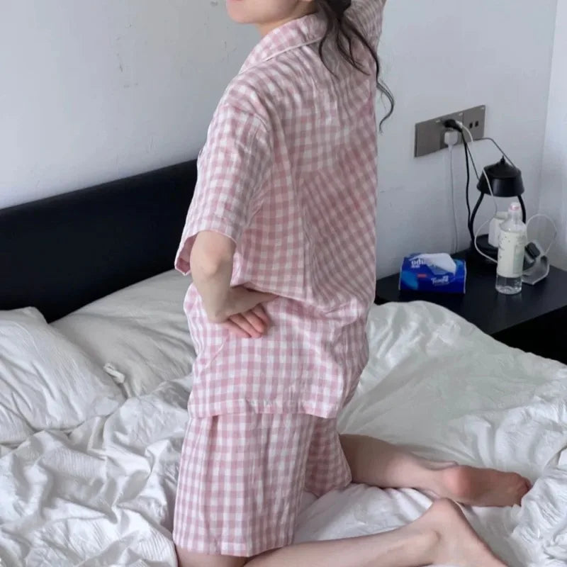 Sweet Sleepwear Women Pajama Sets Pink Plaid Shorts Sets 2 Pieces Korean Piiama Korean Night Wears Pocket Summer Home Suit 2025