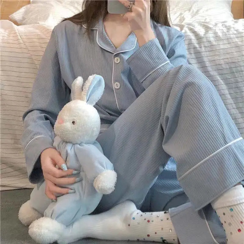 Ribbed Knit Women Pajamas Sets Spring Korean Sleepwear 2 Piece Buttons Pyjama Long Sleeve Top Pants Pijama Mujer Pjs Home Suit