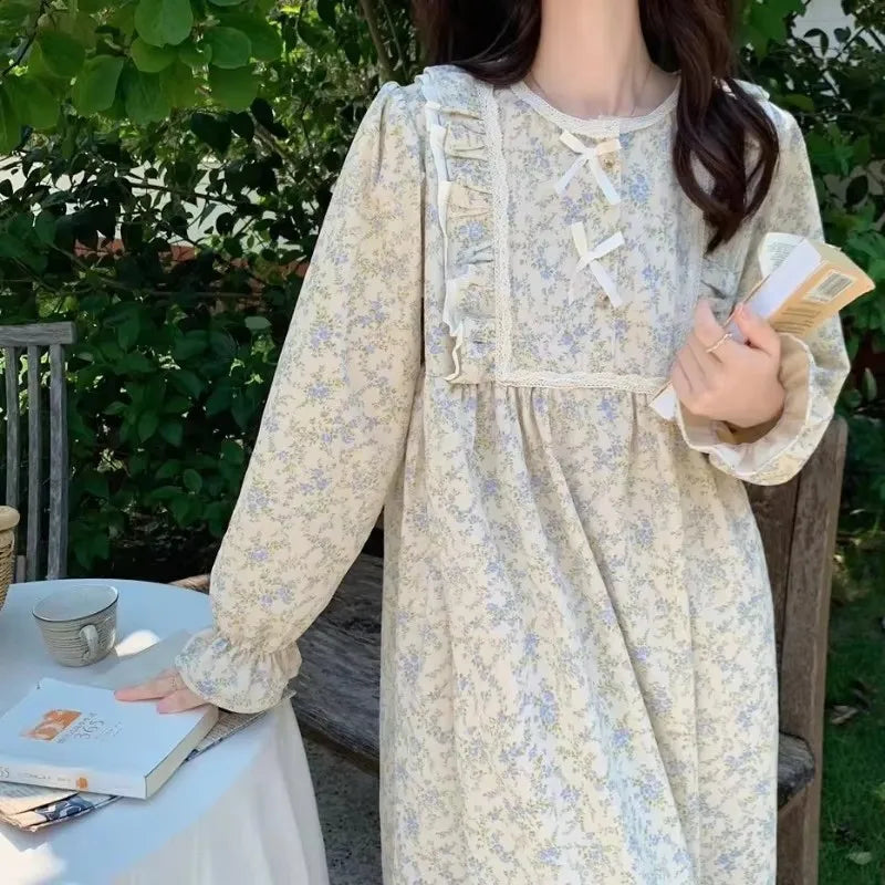 Lace Sleepwear Women Pajamas Set for Home Floral Vintage Long Sleeve Pants Suit 2 Pieces Spring Ruffle Korean O-neck Night Wears