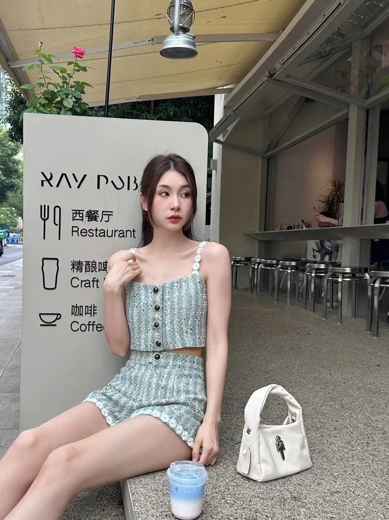 Sexy High Waist Short Pant Womens Two Peice Sets Tweed Vest Crop Top Korean Tanks Camis Plaid Shirts Chic Blouse New Shorts