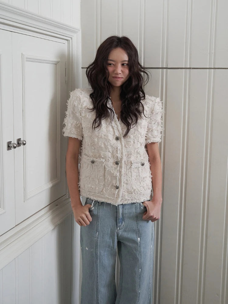 2025 New Women Vintage Tweed Jacket Short Sleeve White Black Retro Elegant Tassel Summer Outwear Chic Korean Fashion Coats Tops