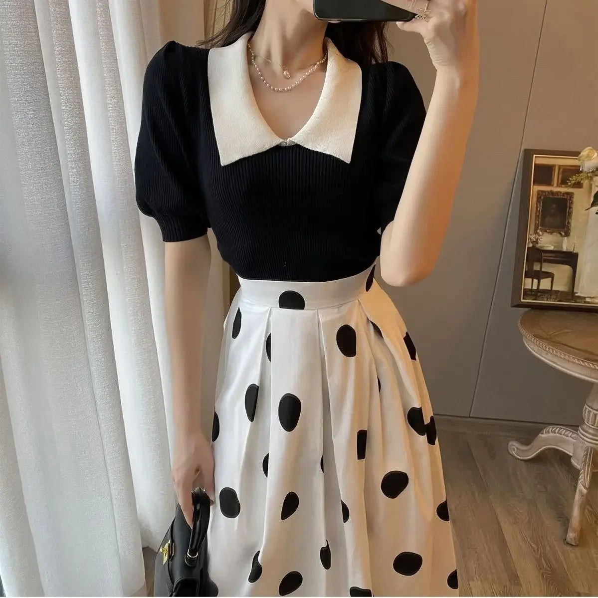Korean Two Piece Sets Womens Outfits High Waist Polka Dot Big Swing Skirt Puff Sleeve Tunic Tops Set Chic Summer Elegant Suit