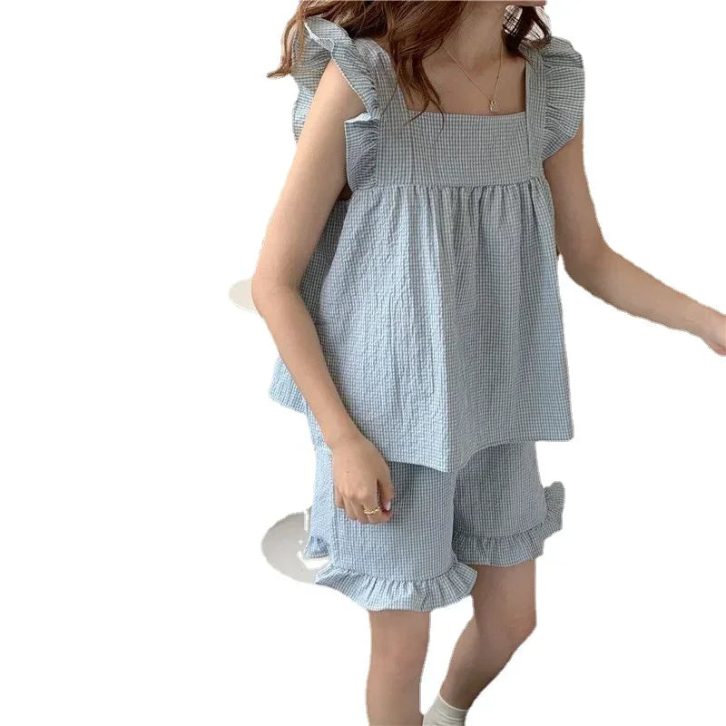Plaid Sleepwear Women Pajama Sets Square Collar Piiama Fly Sleeve 2 Pieces Ruffles Night Wears Summer Korean Cute Home Suit New