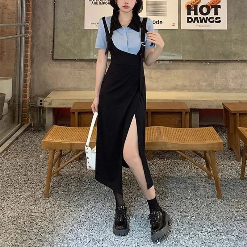 Fake Two Pieces Spliced Dresses Summer Korean Polo-Neck Button Women's Clothing Short Sleeve Waist Fashionable Split Long Dress